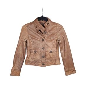 Vintage Gap Y2K Tan Leather Cafe Motorcycle Jacket Women’s XS Button Up 2000s